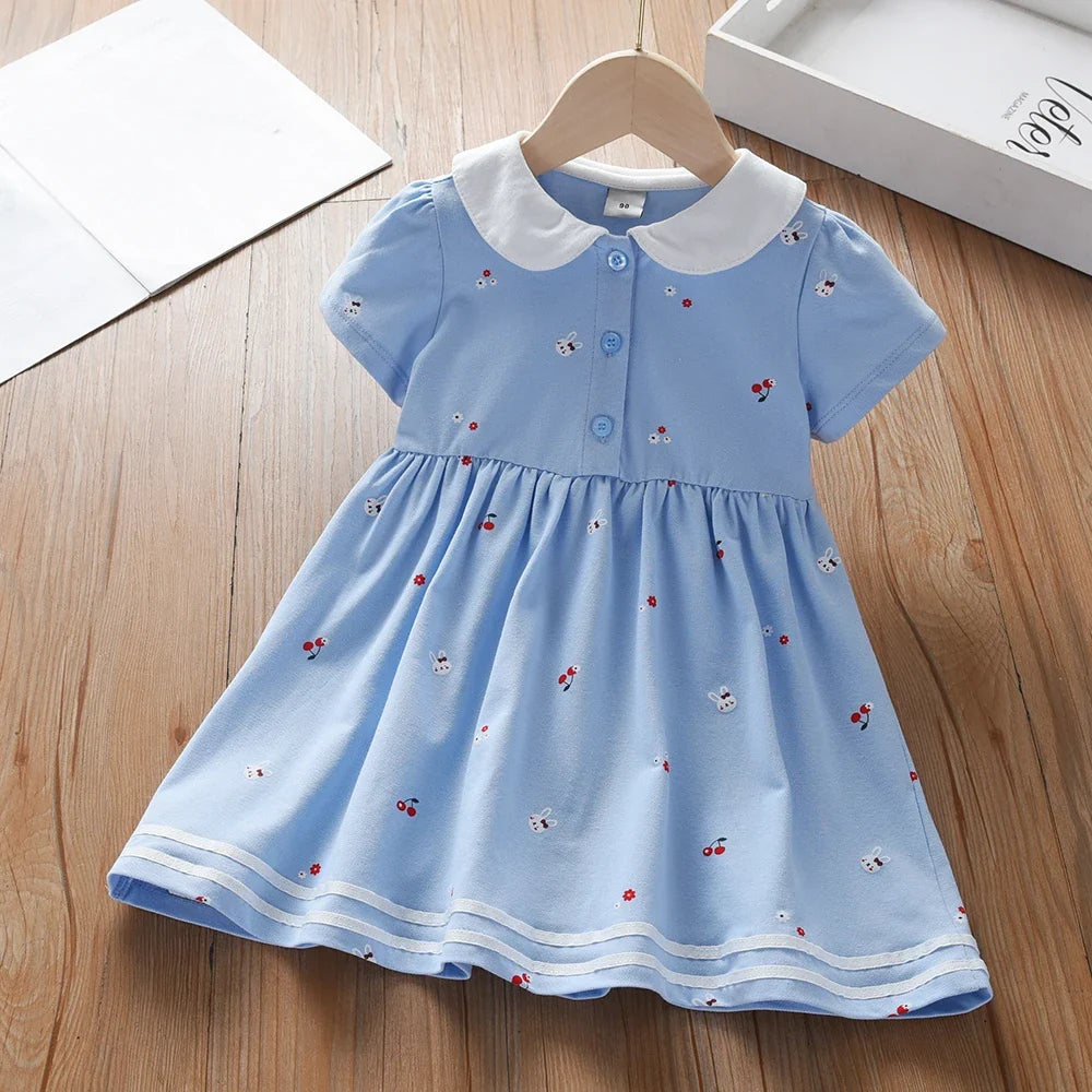 Baby Girls Summer Dress Short Sleeved Turn Down Collar Cotton Clothes for Girls Aged 2-6 Years Kids Dresses