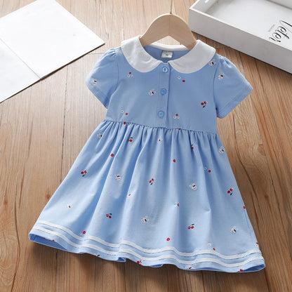 Baby Girls Summer Dress Short Sleeved Turn Down Collar Cotton Clothes for Girls Aged 2-6 Years Kids Dresses