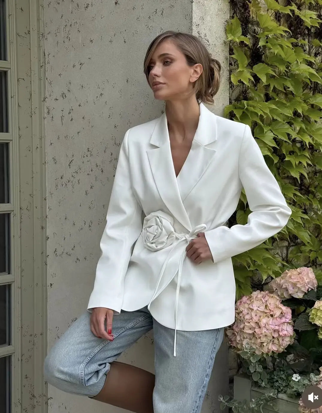 Women Notched Lapel Blazer with Floral Rose Belt Waist Tie Slim Long Sleeve Suit Jacket