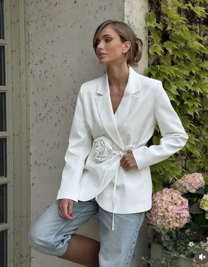 Women Notched Lapel Blazer with Floral Rose Belt Waist Tie Slim Long Sleeve Suit Jacket