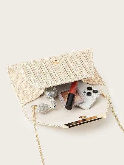 Women's Woven Clutch Bag, Beige, Solid Color, Summer, Holiday, Beach, Vacation Essential, Vacation Season, Versatile Business Commuter Women's Crossbody Bag, Casual, Simple, Beach