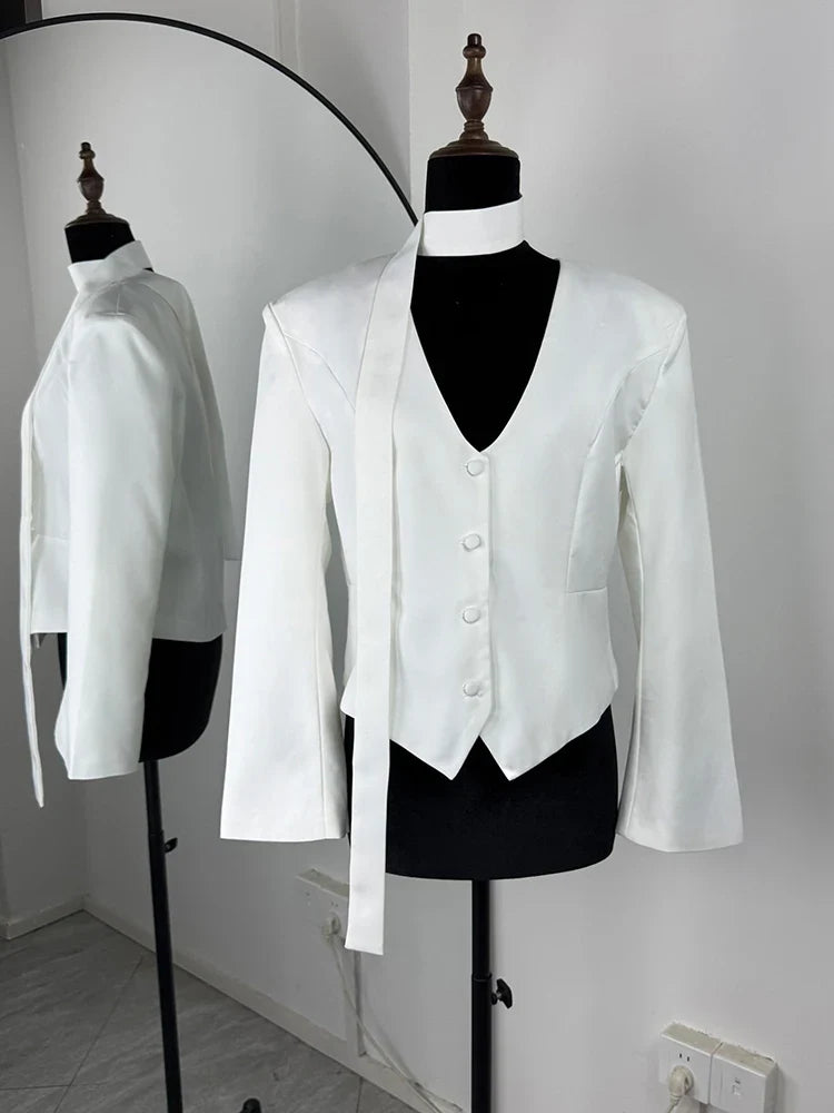 Single Breasted Coat Women's V Neck Scarf With Long Sleeve Waist-Cinching Blazer Jacket Lady Casual Slim Commute Coat