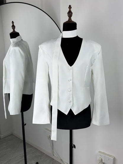 Single Breasted Coat Women's V Neck Scarf With Long Sleeve Waist-Cinching Blazer Jacket Lady Casual Slim Commute Coat