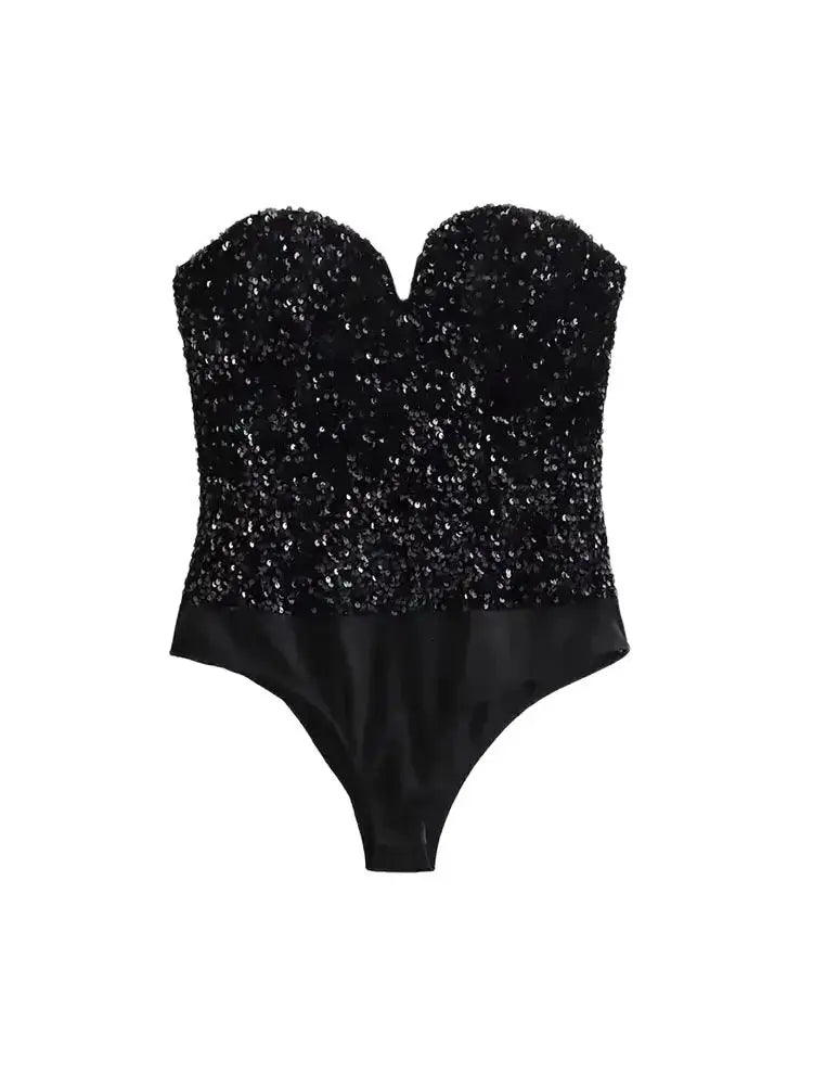 Strapless Sequin Bodysuits for Women, Backless Bodysuits, Sweetheart Neck, Female Playsuits, Sexy Fashion