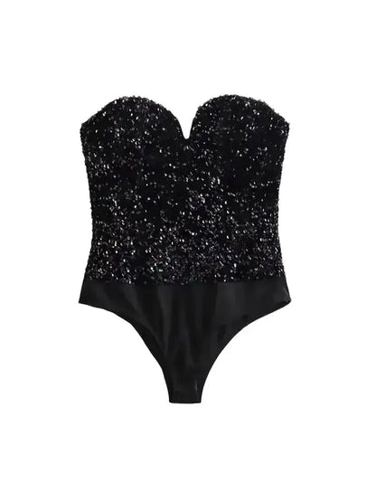 Strapless Sequin Bodysuits for Women, Backless Bodysuits, Sweetheart Neck, Female Playsuits, Sexy Fashion
