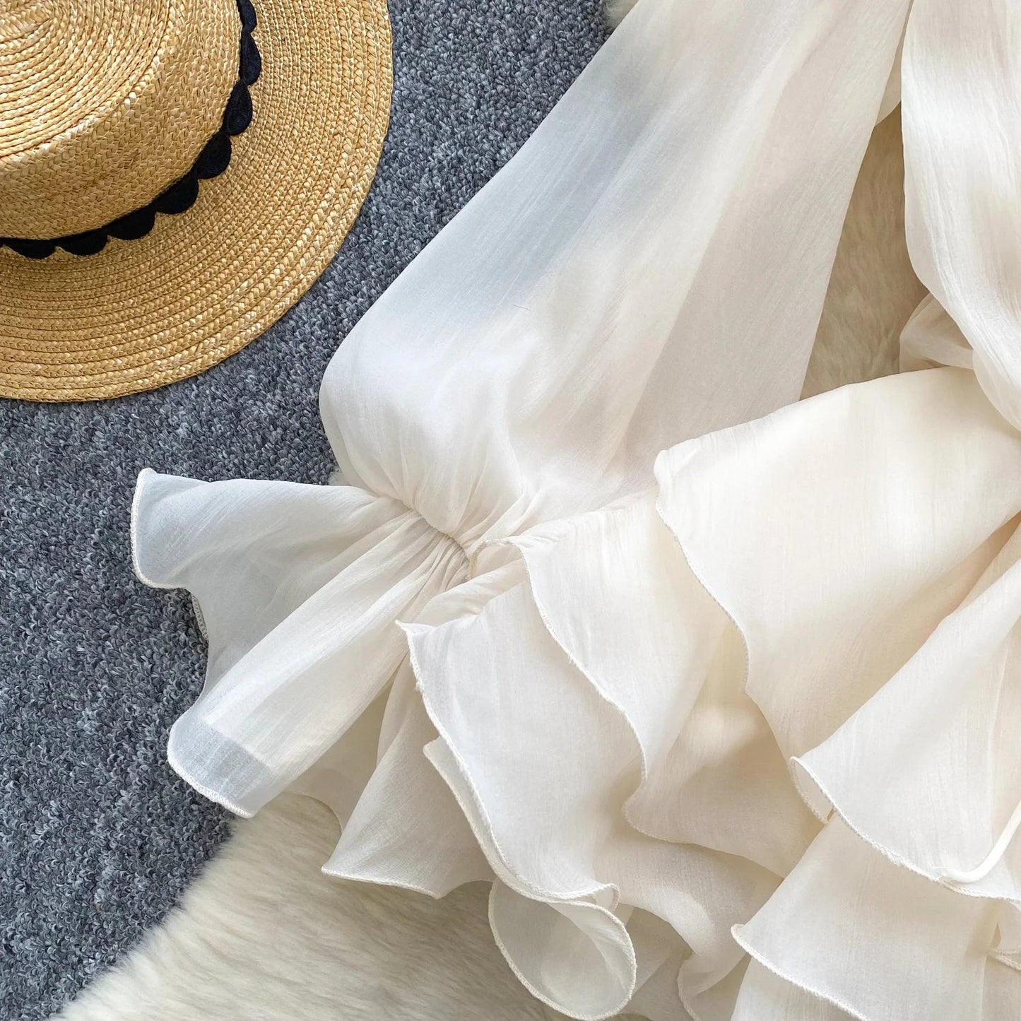 3D Floral Beach Short Dress Female Long Sleeves Lace Up Ruffle Chiffon Cake Sundress Sheer Sexy Vintage Bohemian Dress