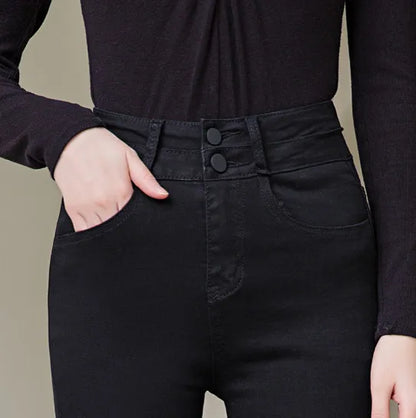 Button Fly Jeans High Waist Front for Women Tummy Control Stretch Denim Black Petite XS - 4XL Dress Pants With Pocket