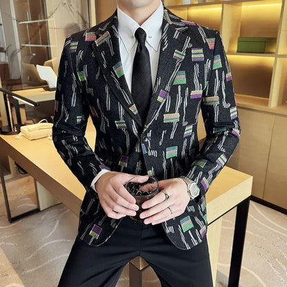 2025 New Luxury Denim Jacquard Suit Coats Men Fashion Slim Fit Suit Casual Business Party Coat Uniform Wedding Social Tailcoat