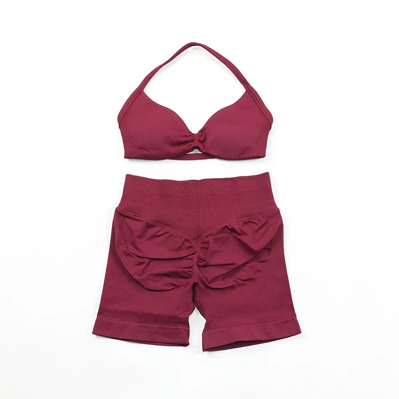 Scrunch Seamless Yoga Set Women Sportswear Ribbed Gym Shorts Strappy Sports Bra 2 Piece Set Halter Workout Clothes Fitness Suit