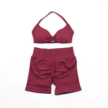 Scrunch Seamless Yoga Set Women Sportswear Ribbed Gym Shorts Strappy Sports Bra 2 Piece Set Halter Workout Clothes Fitness Suit