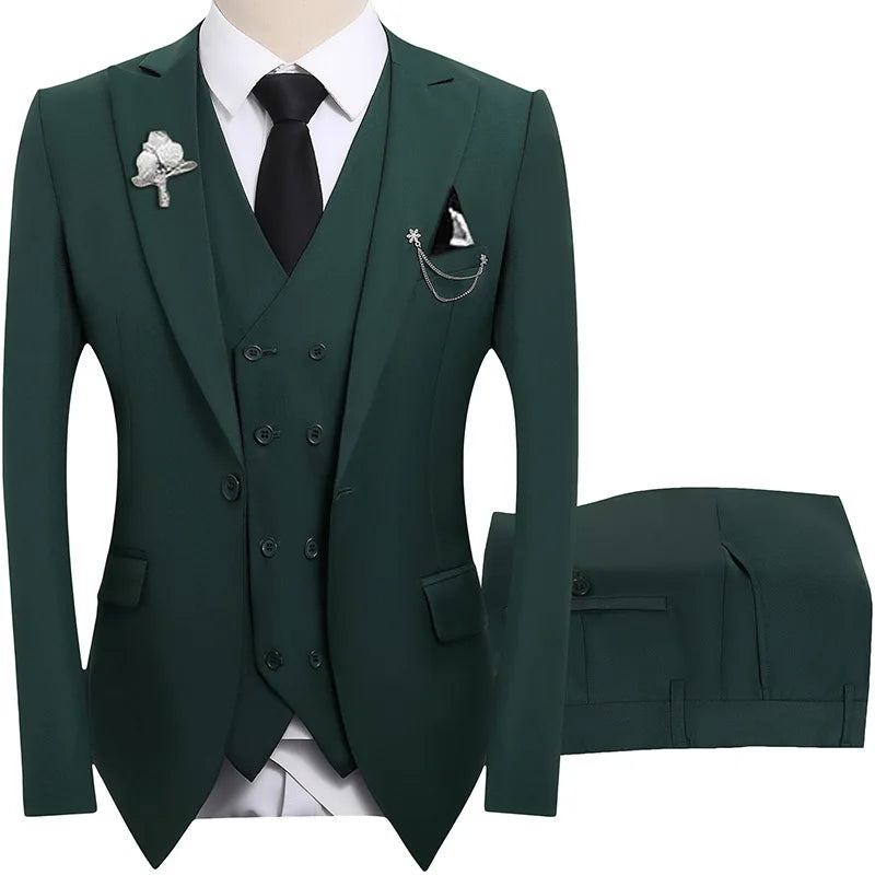 2026 men's dark green three piece suit, (Chinese size) slim fit jacket with vest and pants, wedding party set.