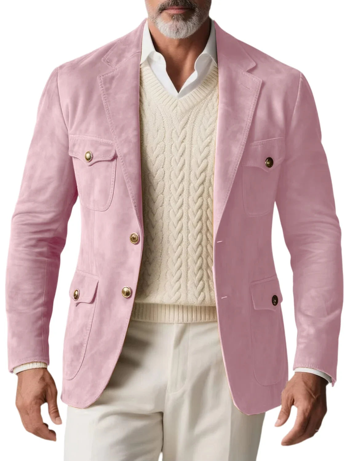 1970s Men's Suede Blazer Retro Slim Fit Two Buttons Multi Pocket High Quality Jacket Fashion Casual Sport Coat For Daily Wear