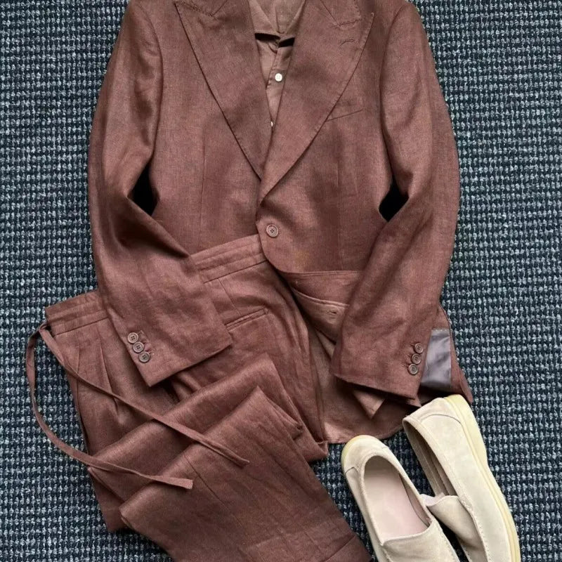 British Style Mens Linen Thin Suit Sets Slim Single Breasted Retro Blazers Pant Outfits Spring Summer Male Coat Two-Piece Set