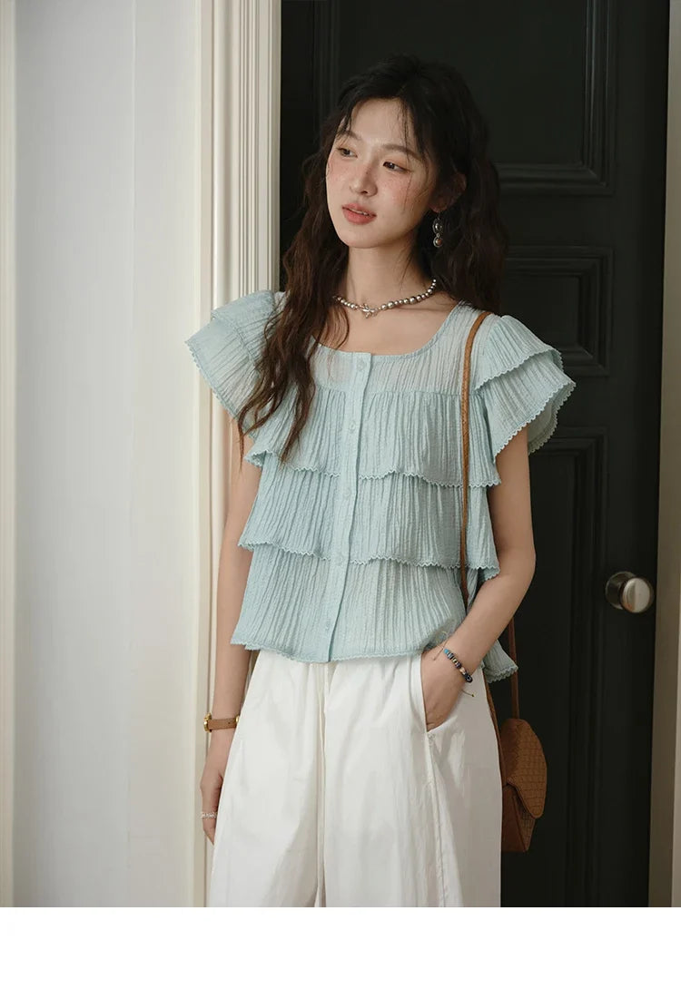 Butterfly Sleeve Chiffon Shirt Women's 2025 Summer New Women's Clothing Retro Square Neck Button Casual Shirt MXD30X1488