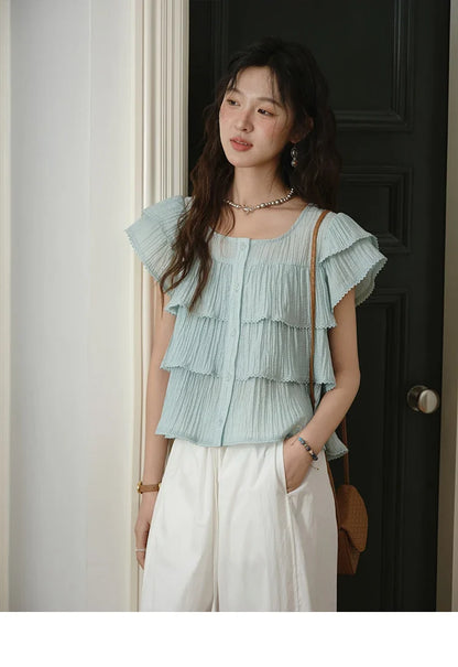Butterfly Sleeve Chiffon Shirt Women's 2025 Summer New Women's Clothing Retro Square Neck Button Casual Shirt MXD30X1488