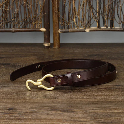2.0 CM Ladies Pure Cowhide High Quality Genuine Leather Hook Belts for Women Brand Strap Brass Buckle Jeans Cowboy Thin Belt