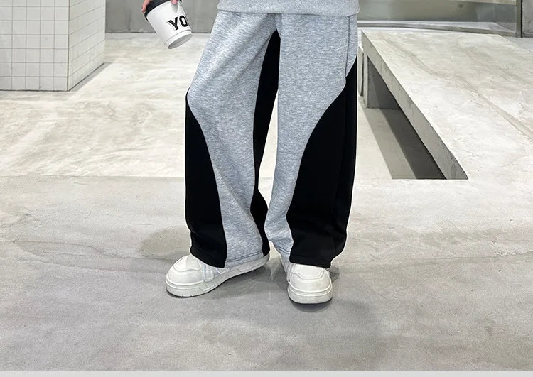 Spring Boys Black x Grey Contrast Pullover Sweatshirt+Sweatpant Work Set School Kid 2PCS Tracksuit Children Jogger Outfit 5-16Yr