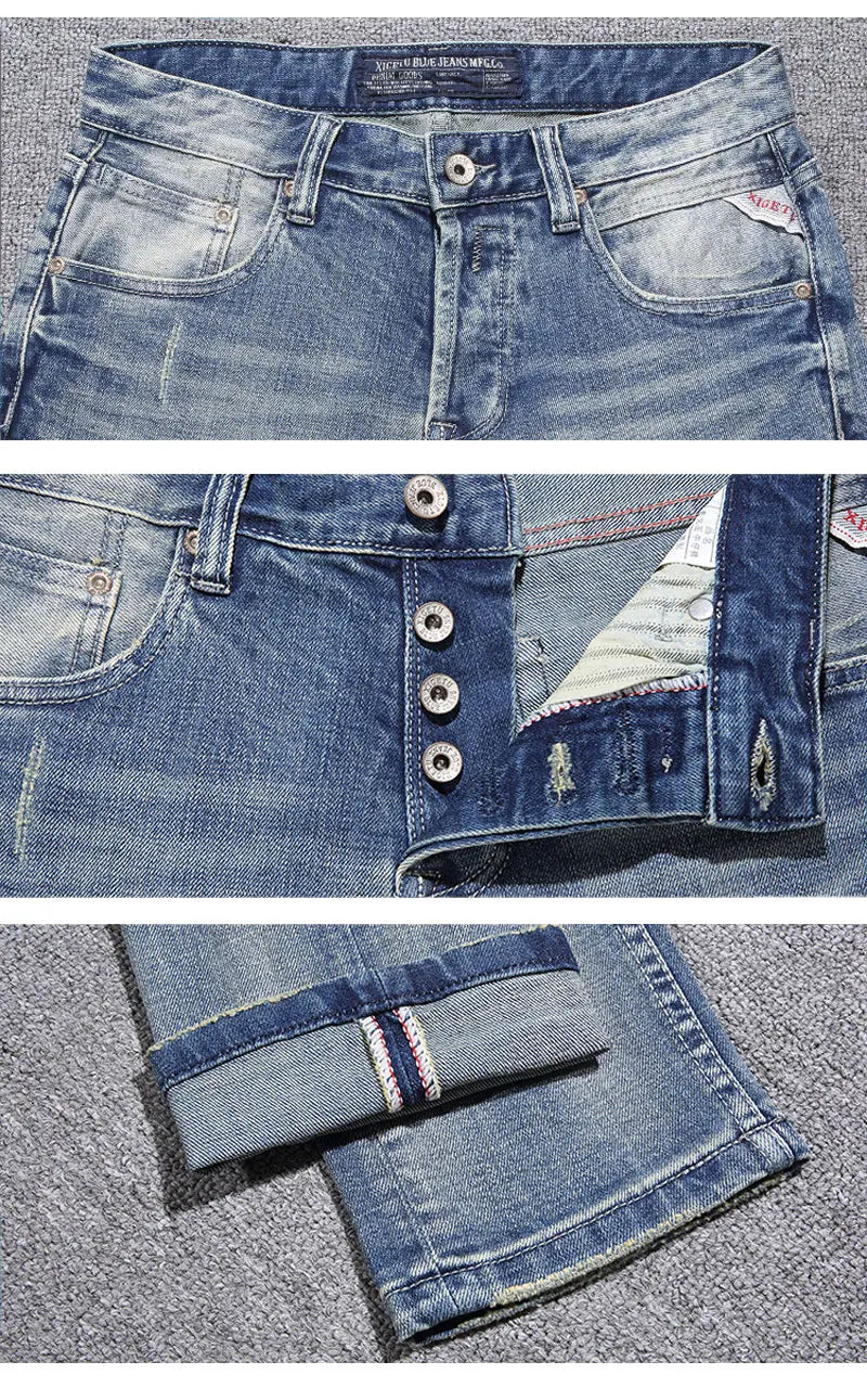 Italian Style Fashion Men Jeans Retro Light Blue Elastic Slim Fit Ripped Jeans Men Buttons Trousers Vintage Designer Denim Pants