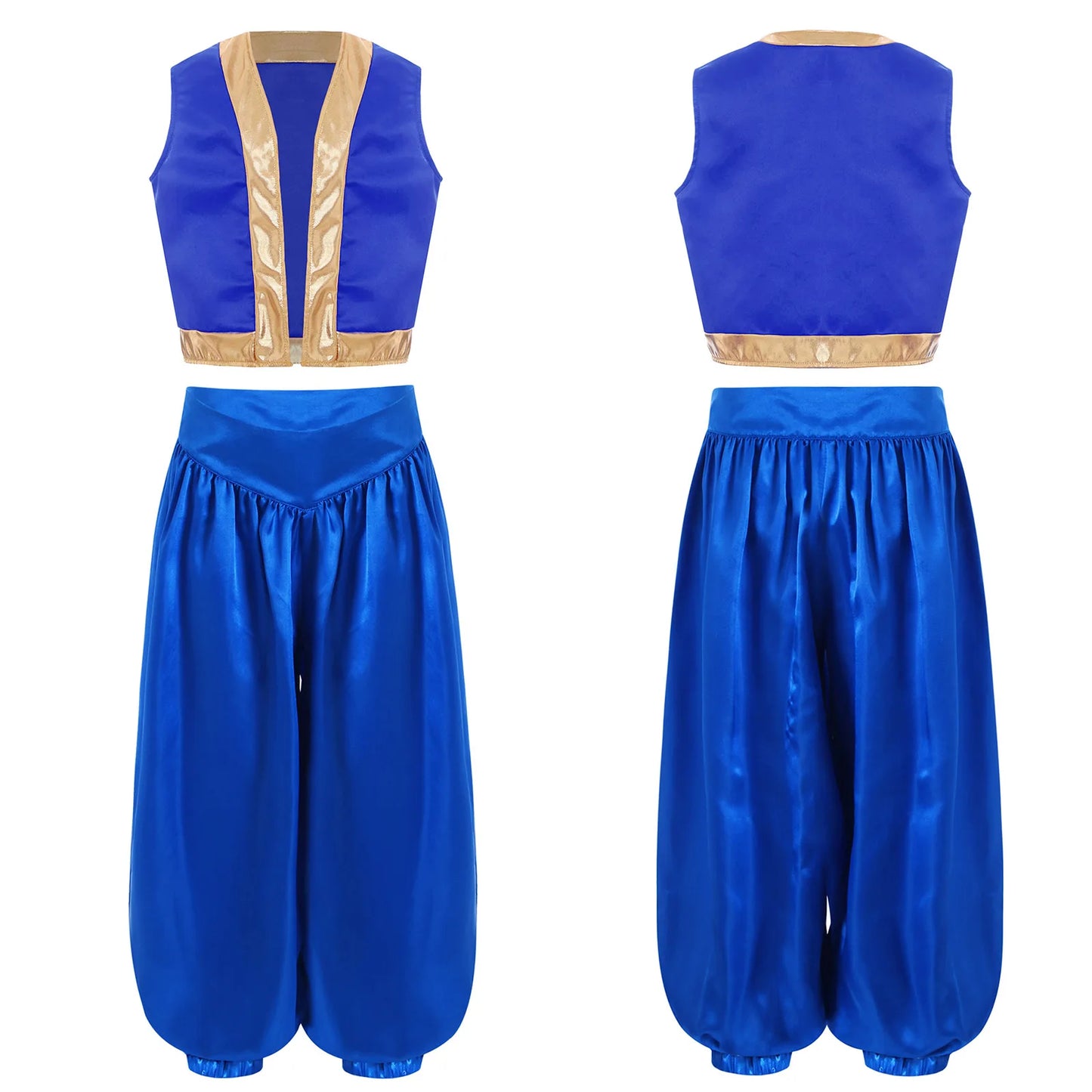 Boys Girls Prince Costume Arabian Prince Fairy Tale Character Cosplay Suits Belly Dance Golden Trim Vest with Satin Bloomer Set