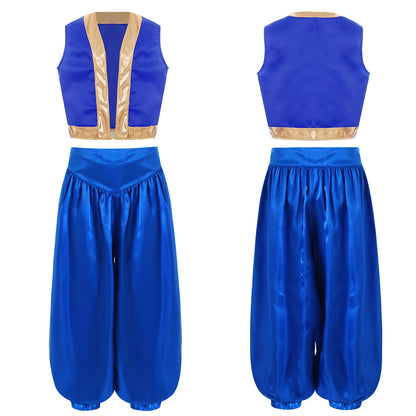 Boys Girls Prince Costume Arabian Prince Fairy Tale Character Cosplay Suits Belly Dance Golden Trim Vest with Satin Bloomer Set