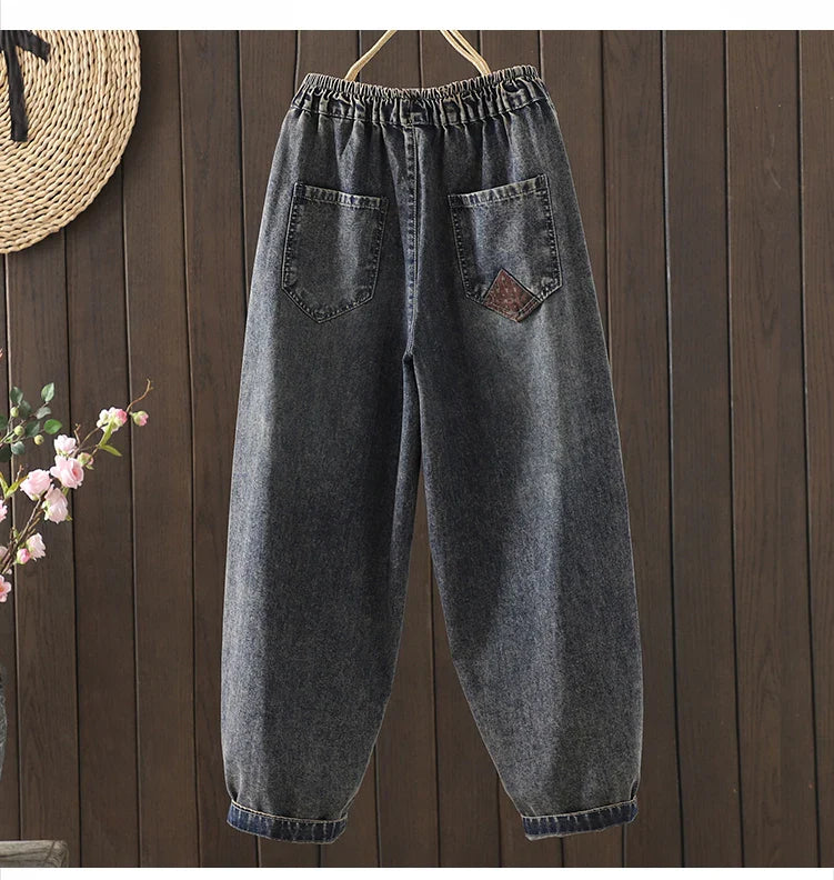 Retro Ethnic Sle Embroidered  Plum Blossom Jeans Women Loose Patchwork Print Nine Points Harlan Pants Spring Sle