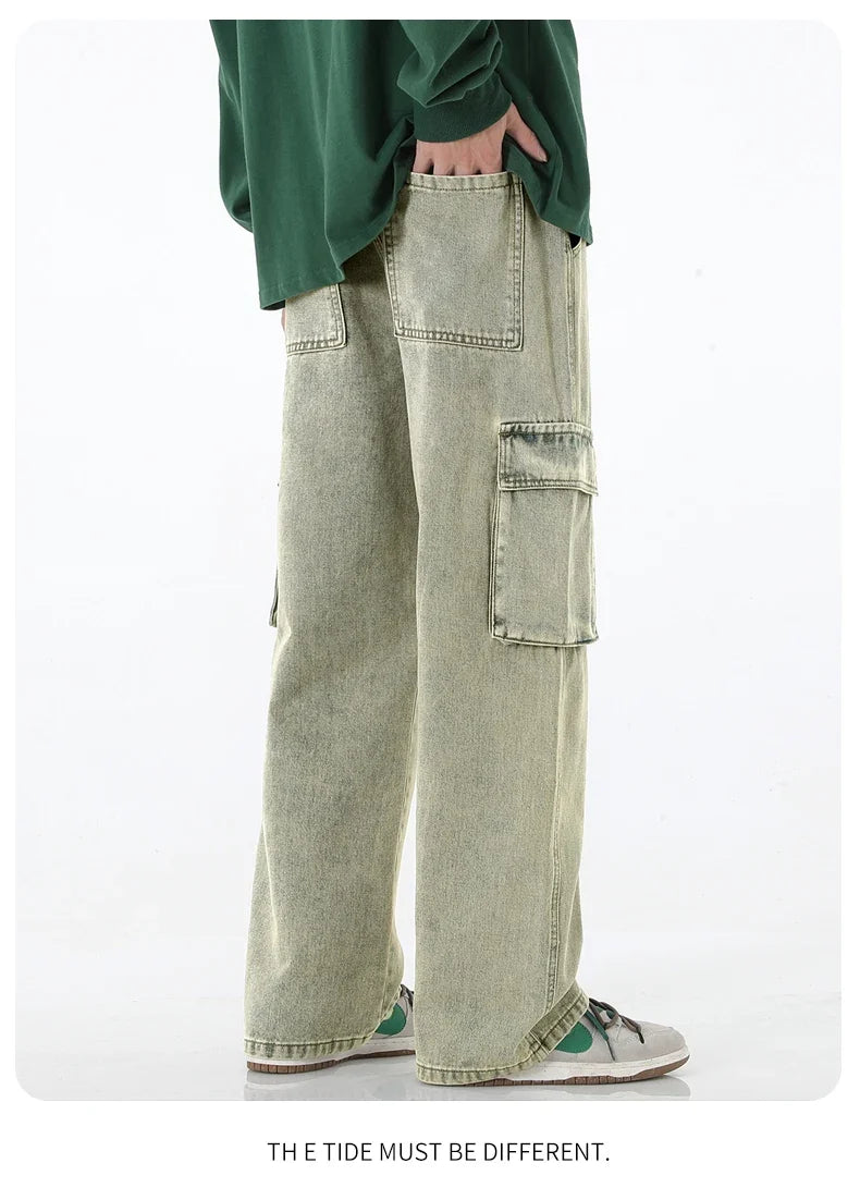 2024 New Men Baggy Cargo Jeans Fashion Streetwear Vintage Wide Leg Pants American Streetwear Y2K Big Pocket Youth Overalls