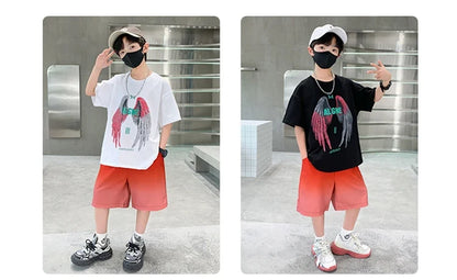 New Kids Boy Summer Clothing Set Cotton T-shirt With Wings Print + Shorts 2 Pieces Tracksuit Outfit for Child Suit Wear 5-14 T