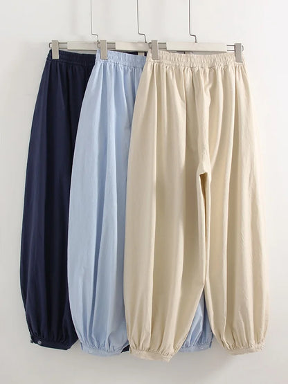 Summer Cotton Oversized Pants For Women Blue Baggy Aladdin Trousers Elastic Bloomers Navy Blue Cropped Lantern Harem Pants Woman