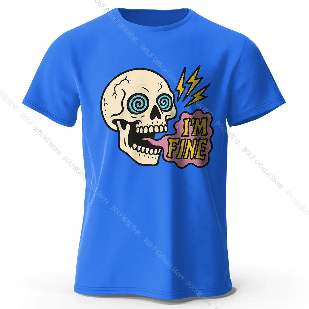 Men's I Am Fine Printed T-Shirt 100% Cotton Oversized Sarcastic Graphic Tees for Women Summer Tops Mood Streetwear