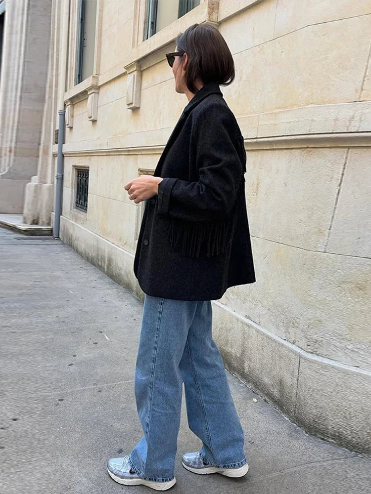 Tassels Woolen Suit Jacket Women Elegant Turn-down Collar Long Sleeve Single Breasted Pocket Autumn Winter Coats New Outerwears