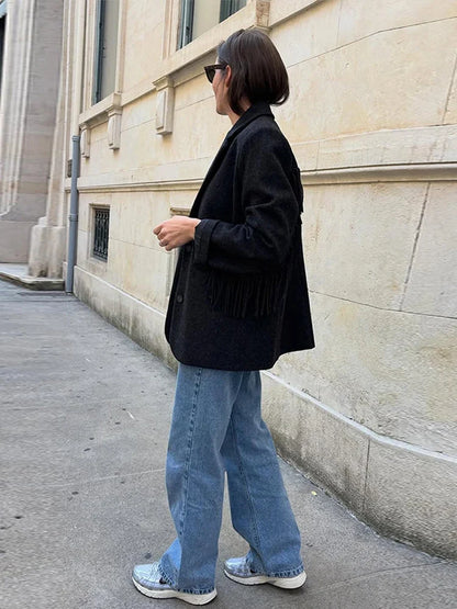 Tassels Woolen Suit Jacket Women Elegant Turn-down Collar Long Sleeve Single Breasted Pocket Autumn Winter Coats New Outerwears