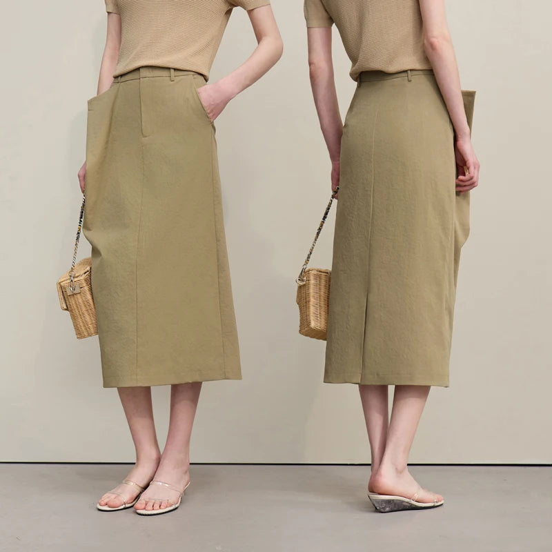 Women's Skirt 2026 Summer New Office Slit H-Line Midi Straight Casual Skirt Asymmetric Pleated Ladies Clothes 12642058