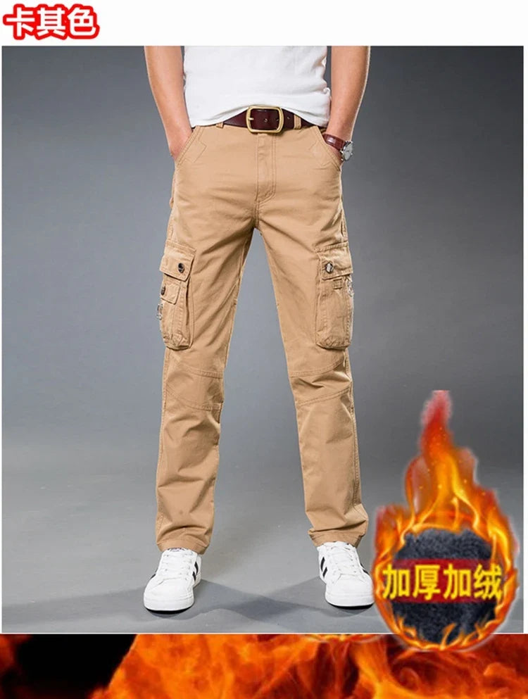 Winter Cargo Pant Men Straight Leg Fit Brushed Trouser Male Cotton Fleece Lined Warm Pocket Work Black Elegant Military Tactical
