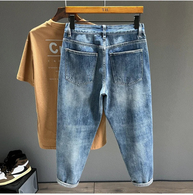 New Men's Ripped Jeans Personality Fashion Tapered Hole Frayed Denim Trousers Streetwear Casual Vintage Blue Pants Male Clothes