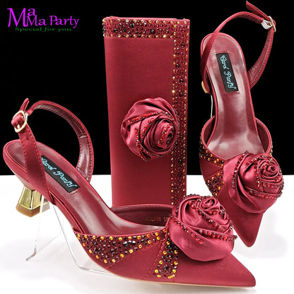 2024 Rose Design 2024 INS Hot Sale New Arrivals African Shoes and Bag Set in Olive Color Pointed Toe Comfortable Heels for Party