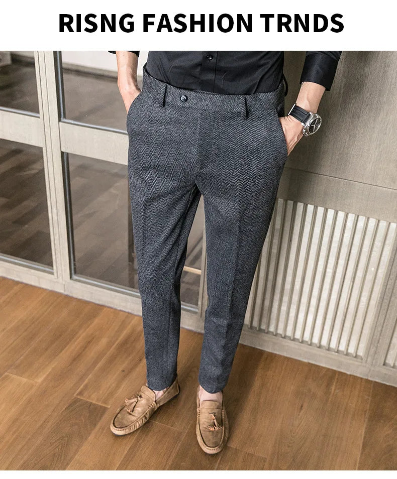 Woolen Dress Pants Formal Office Suit Pants Men Slim British Style Wool Business Black Gray Dress Trousers
