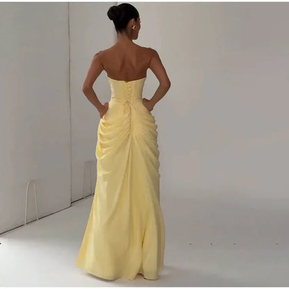 Women Strapless Pleated Long Dress Elegant Solid Split Sleeveless Backless High Waist Slim Fit Maxi Dresses 2026 Lady Party Robe