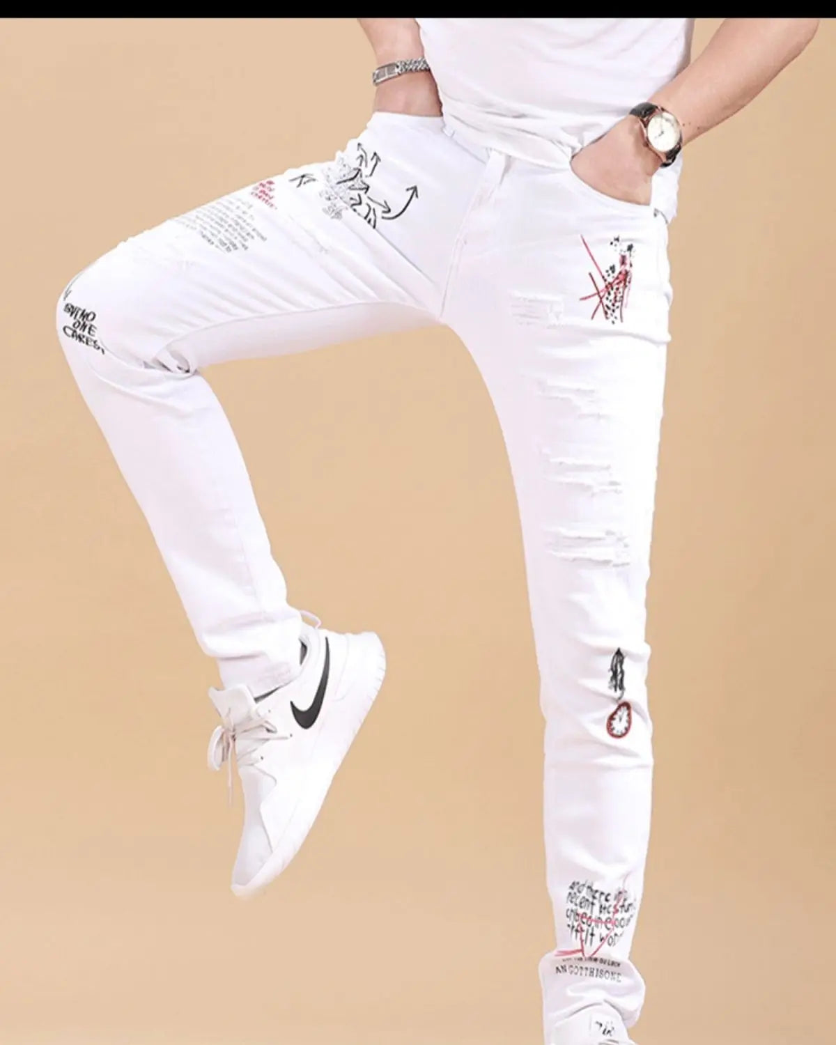 Harajuku Korean Luxury Clothing Men's White Slim Jeans with Printed Ripped Holes Autumn Hip Hop Distressed Cotton Trousers Male