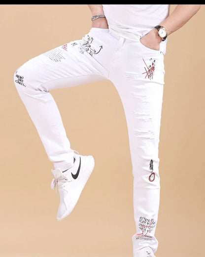 Harajuku Korean Luxury Clothing Men's White Slim Jeans with Printed Ripped Holes Autumn Hip Hop Distressed Cotton Trousers Male