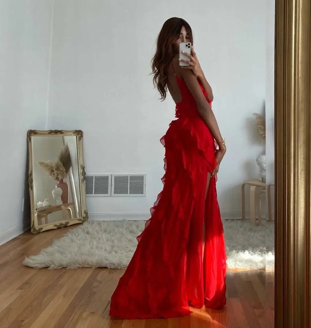2024 Summer Fashion New Elegant Women's Sexy Chiffon Vacation Style Sling Dress with Ruffle Edge Style Long Dress