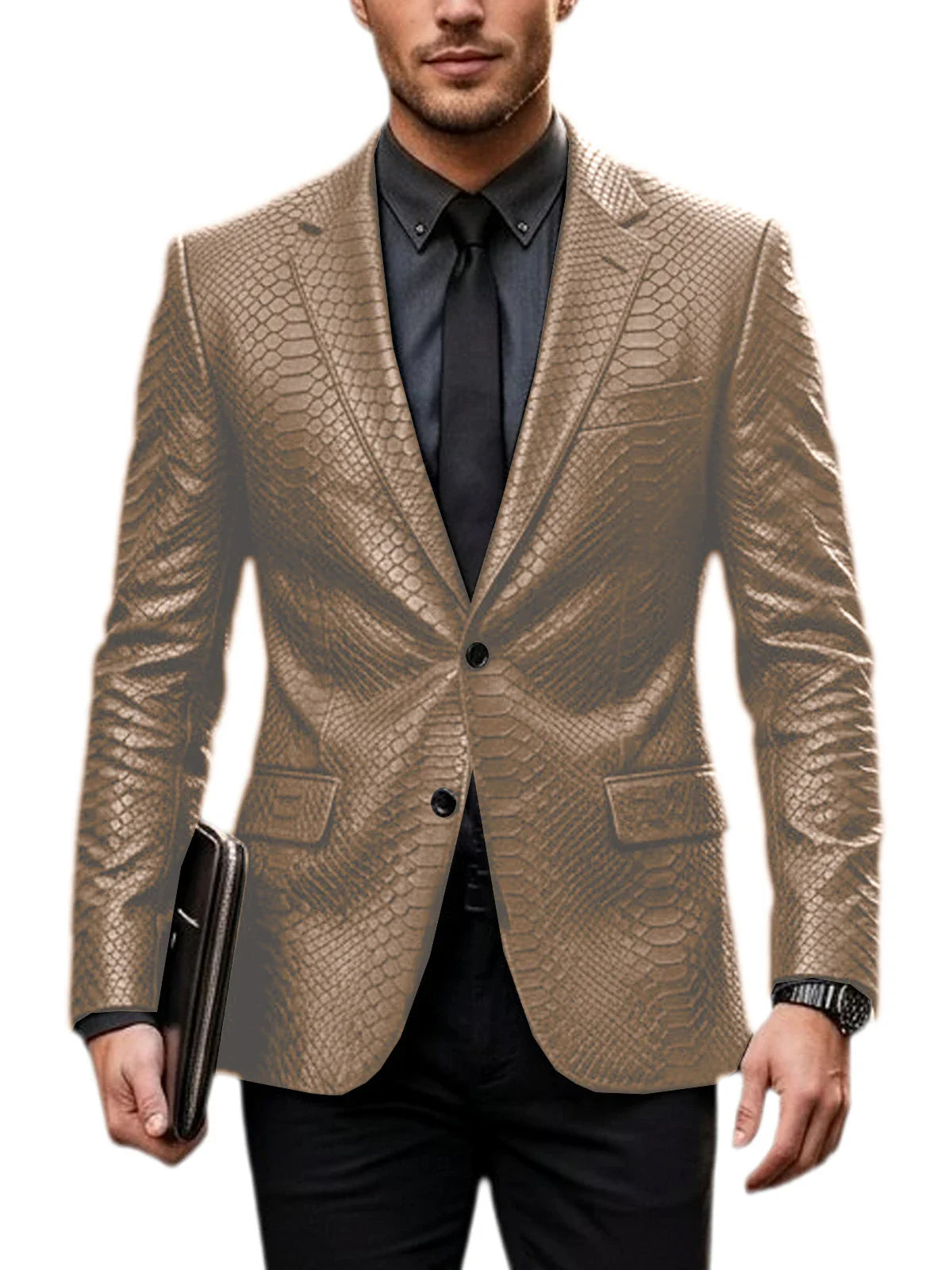 Men's Luxury Crocodile Pattern Leather Blazer Slim Fit Two Button Notch Lapel Suit Jacket Business Casual Wedding Tuxedo Dress