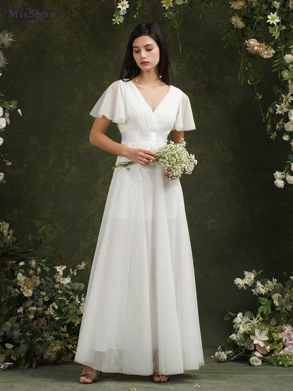 Simple Beach Ivory Wedding Dresses For Women A-Line Puffer Short Sleeve V-Neck Pleat Tulle Open Back Bridal Prom Gowns With Belt