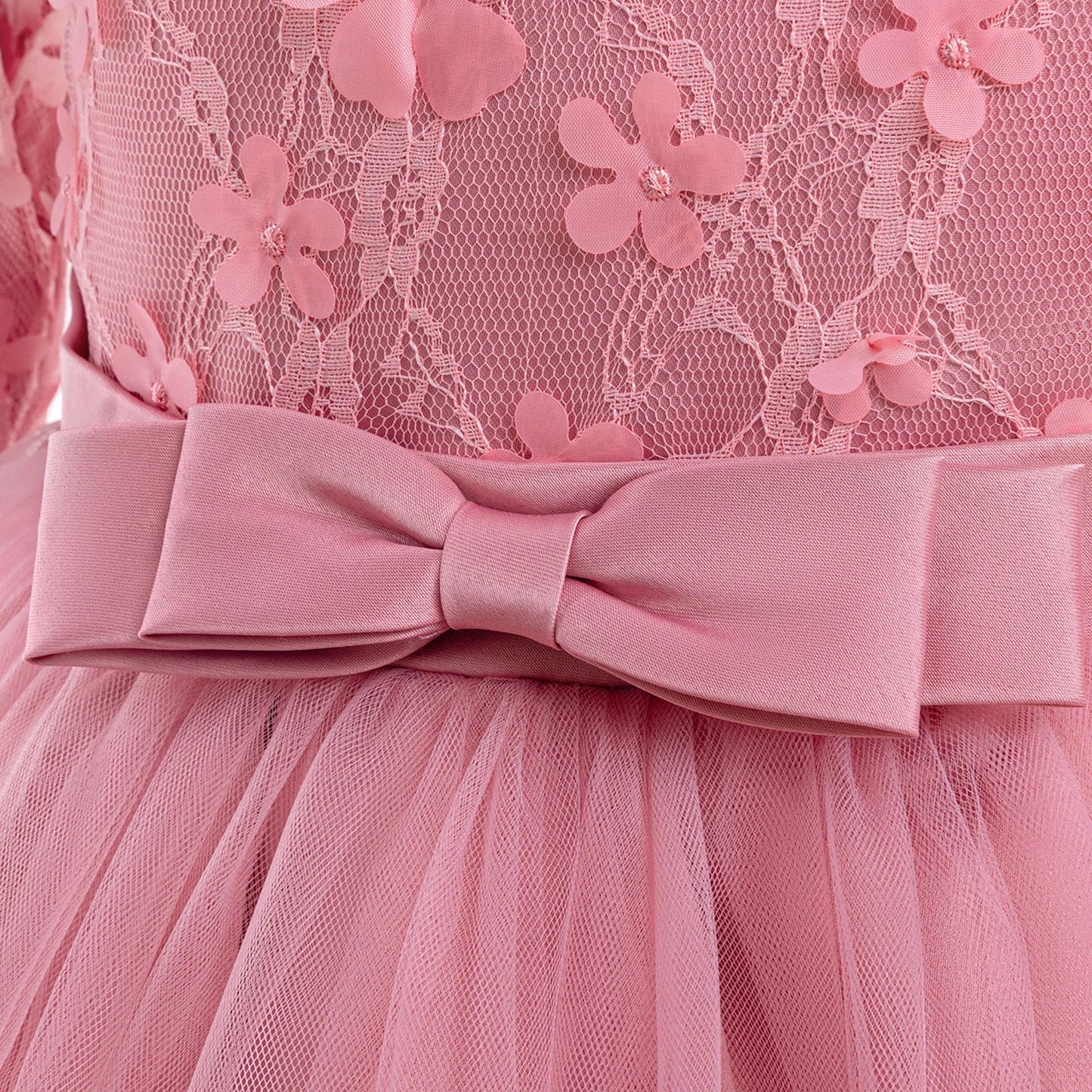 Long Sleeve Flower Bridesmaid Girls Dress Children Christmas Costume Lace Bow Princess Kids Dressees For Girl Party Wedding Gown