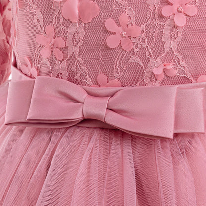 Long Sleeve Flower Bridesmaid Girls Dress Children Christmas Costume Lace Bow Princess Kids Dressees For Girl Party Wedding Gown
