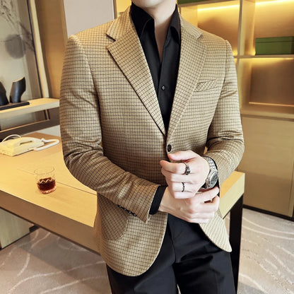 British Style Plaid Suit Jacket For Men 2025 New Business Casual Slim Blazer Formal Wedding Party Suit Dress Coats Men Clothing