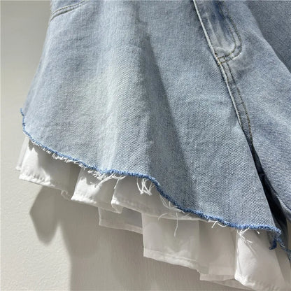 New Fashion Women's Patchwork Hem Wash Denim Shorts 2025 Summer Trendy High Waist A-line Short Pants Female 1LS1393
