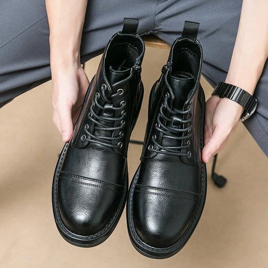 Men Black Leather Boots Casual Lace Up Leather Shoes Size 39-46