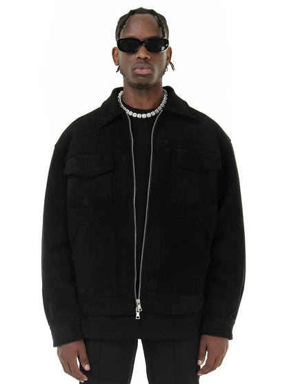 Autumn Jackets Oversize Casual Clothes High Street Pockets Laper Zipper Suede Thick Coat Mens Windbreaker Loose