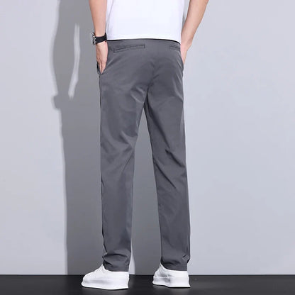 Spring Summer Thin Men's Slim Casual Pants Solid Color Elastic Waist Soft Breathable Business Straight Trousers Black Beige Gray
