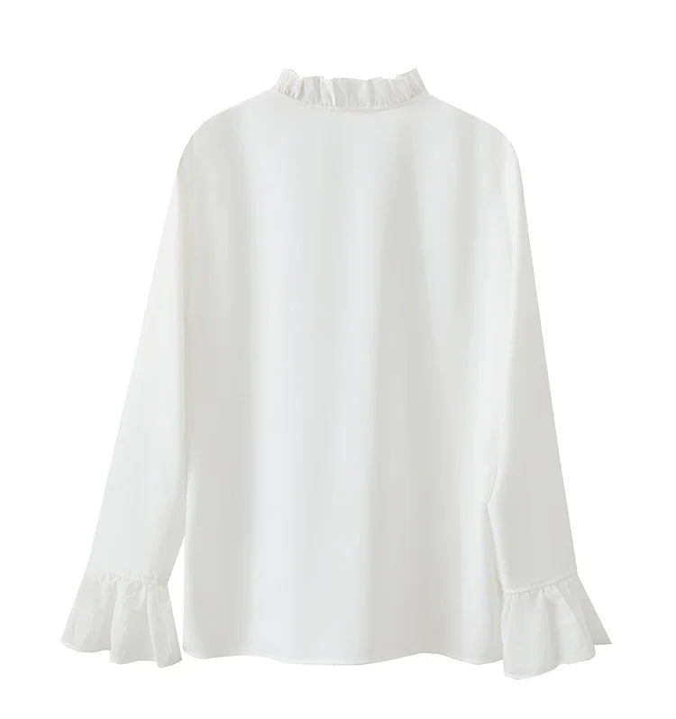 Minimalist Chiffon Shirt For Women 2025 Autumn New Office Lady V-neck Ruffle Splicing Loose Long Sleeved Blouse 12511078